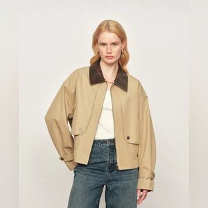 Leather-Trim Khaki Zip Jacket